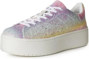 J. Adams Hero Platform Sneakers for Women - Casual Lace Up Fashion Tennis Shoes - Rainbow Glitter - 5.5