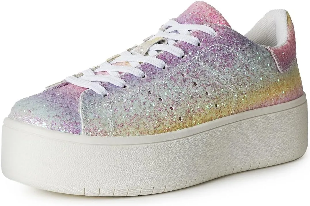 J. Adams Hero Platform Sneakers for Women - Casual Lace Up Fashion Tennis Shoes - Rainbow Glitter - 5.5