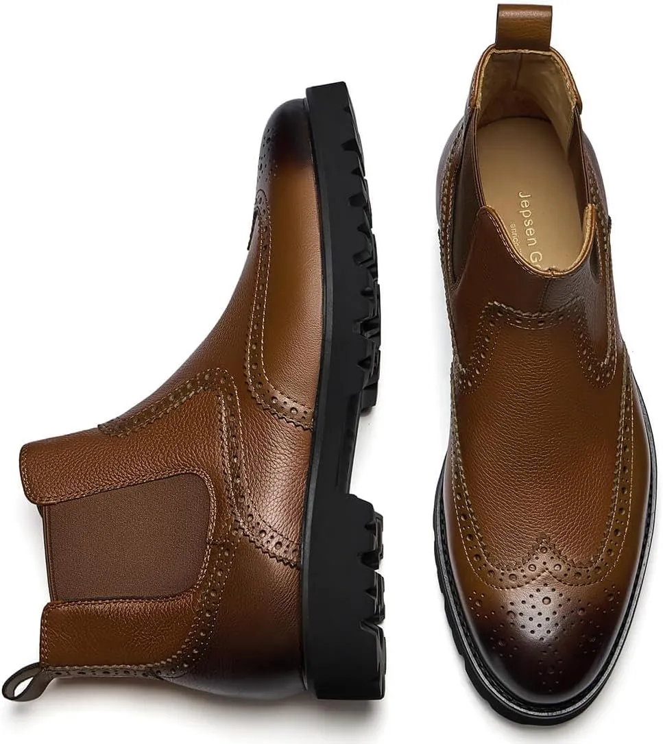 Jepsengord Men's Chelsea Boots Genuine Leather Dress Boots for Men Wingtip Brogue Formal Business Casual Ankle Boots