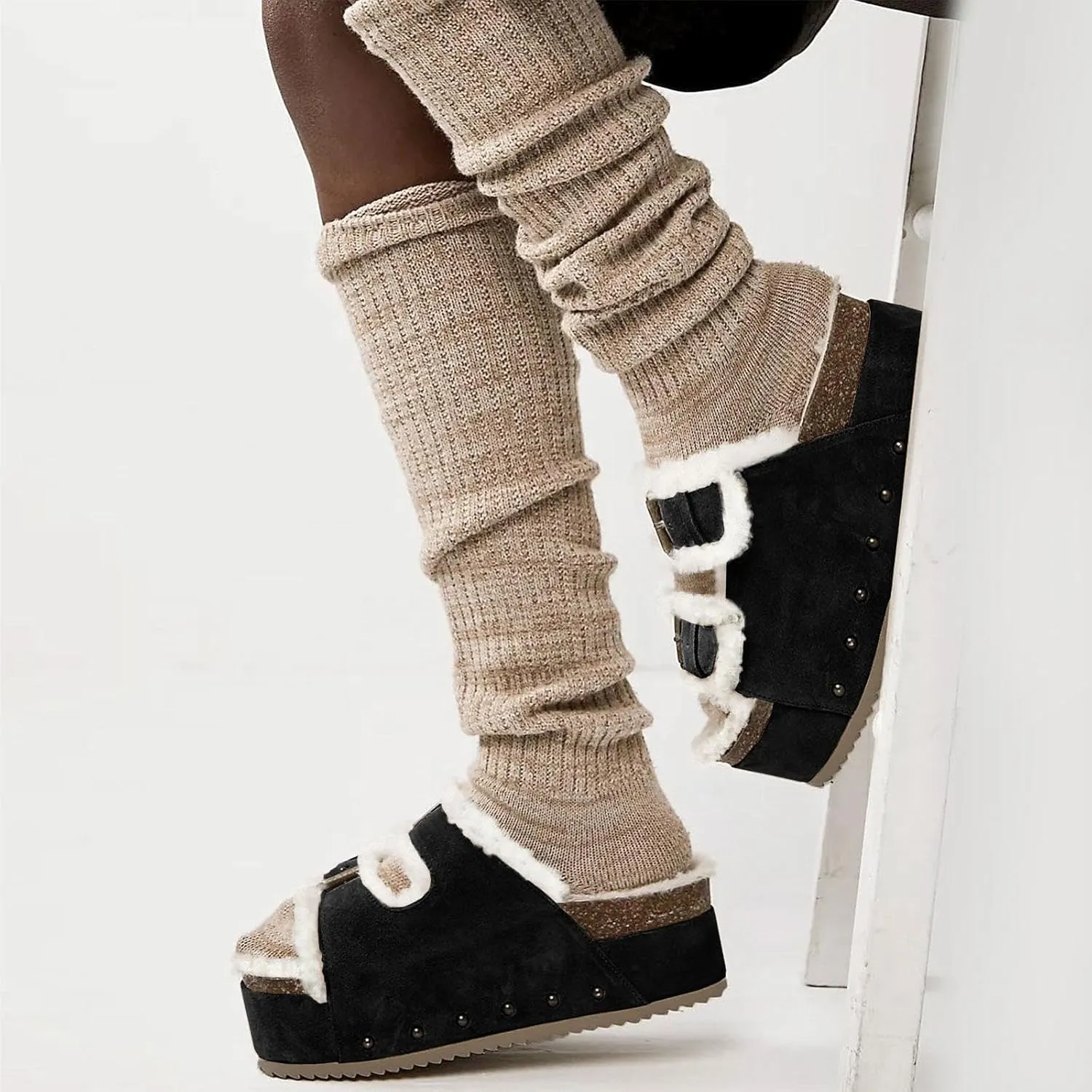 JORISTIMO Women's Cork Flatform Sandals, Faux Suede Fur-Lined Dual Buckled Band Suede Clogs Platform Slip On Sandals Slippers