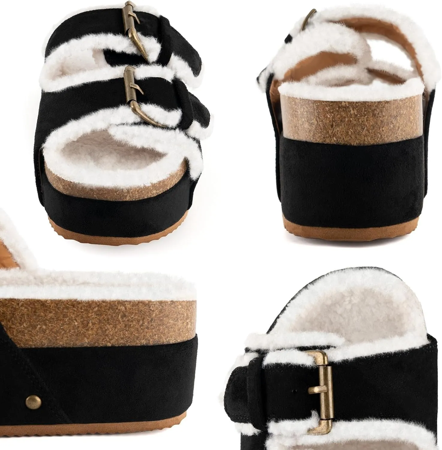 JORISTIMO Women's Cork Flatform Sandals, Faux Suede Fur-Lined Dual Buckled Band Suede Clogs Platform Slip On Sandals Slippers