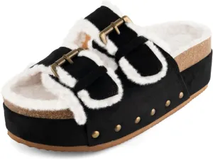 JORISTIMO Women's Cork Flatform Sandals, Faux Suede Fur-Lined Dual Buckled Band Suede Clogs Platform Slip On Sandals Slippers