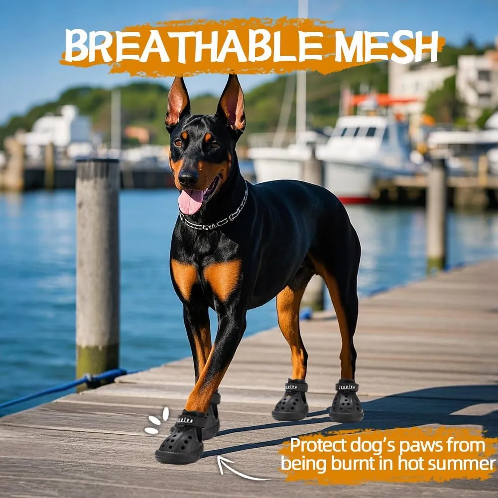 JZXOIVA Dog Shoes for Hot Pavement, Dog Crocs for Large Dogs, Breathable Dog Boots & Paw Protectors, Adjustable Non-Slip Dog Rain Booties, Waterproof Pets Sandals for Beach Black Size 8