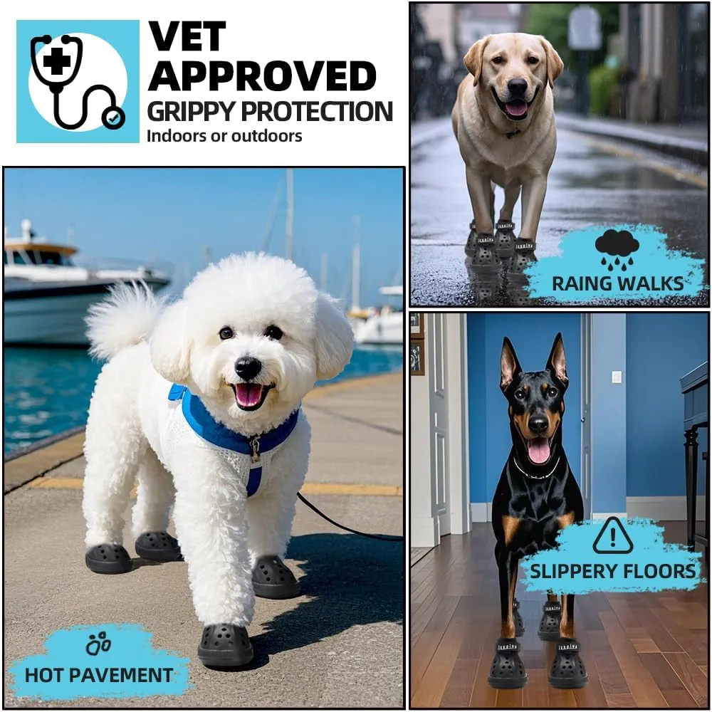 JZXOIVA Dog Shoes for Hot Pavement, Dog Crocs for Large Dogs, Breathable Dog Boots & Paw Protectors, Adjustable Non-Slip Dog Rain Booties, Waterproof Pets Sandals for Beach Black Size 8