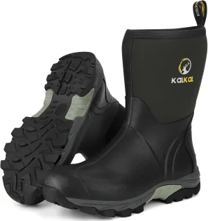 Kalkal Rubber Boots for Men, Waterproof Mid Calf Mens Rain Boots, 6mm Neoprene Insulated Mens Rubber Work Boots for Hunting Gardening Farming Fishing Mud Working, Size 7-14