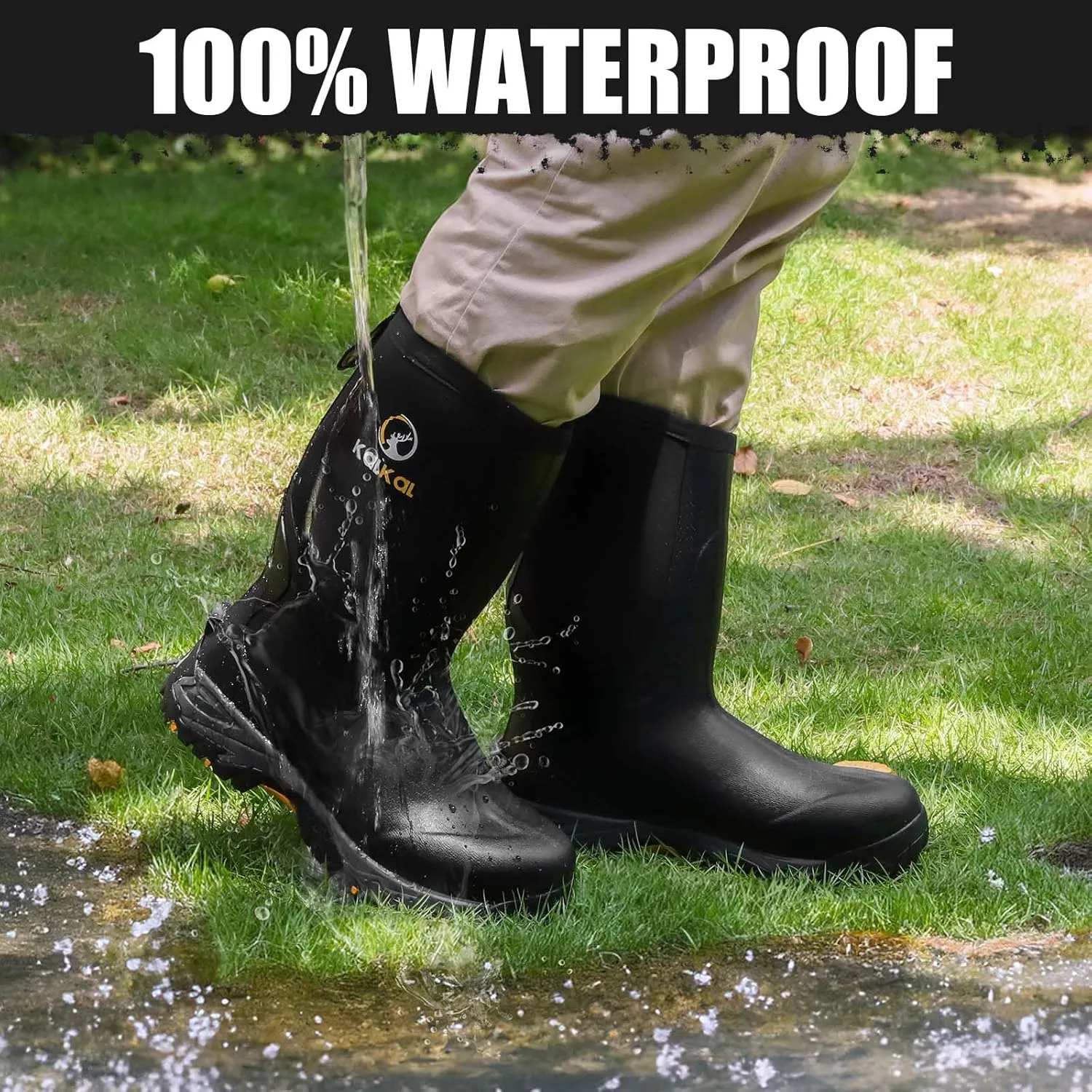Kalkal Rubber Boots for Men, Waterproof Mid Calf Rain Boots with Comfortable Sports Outsole, 6mm Neoprene Insulated Rubber Work Boots - Garden Farm Mud Boots (Size 7-14)