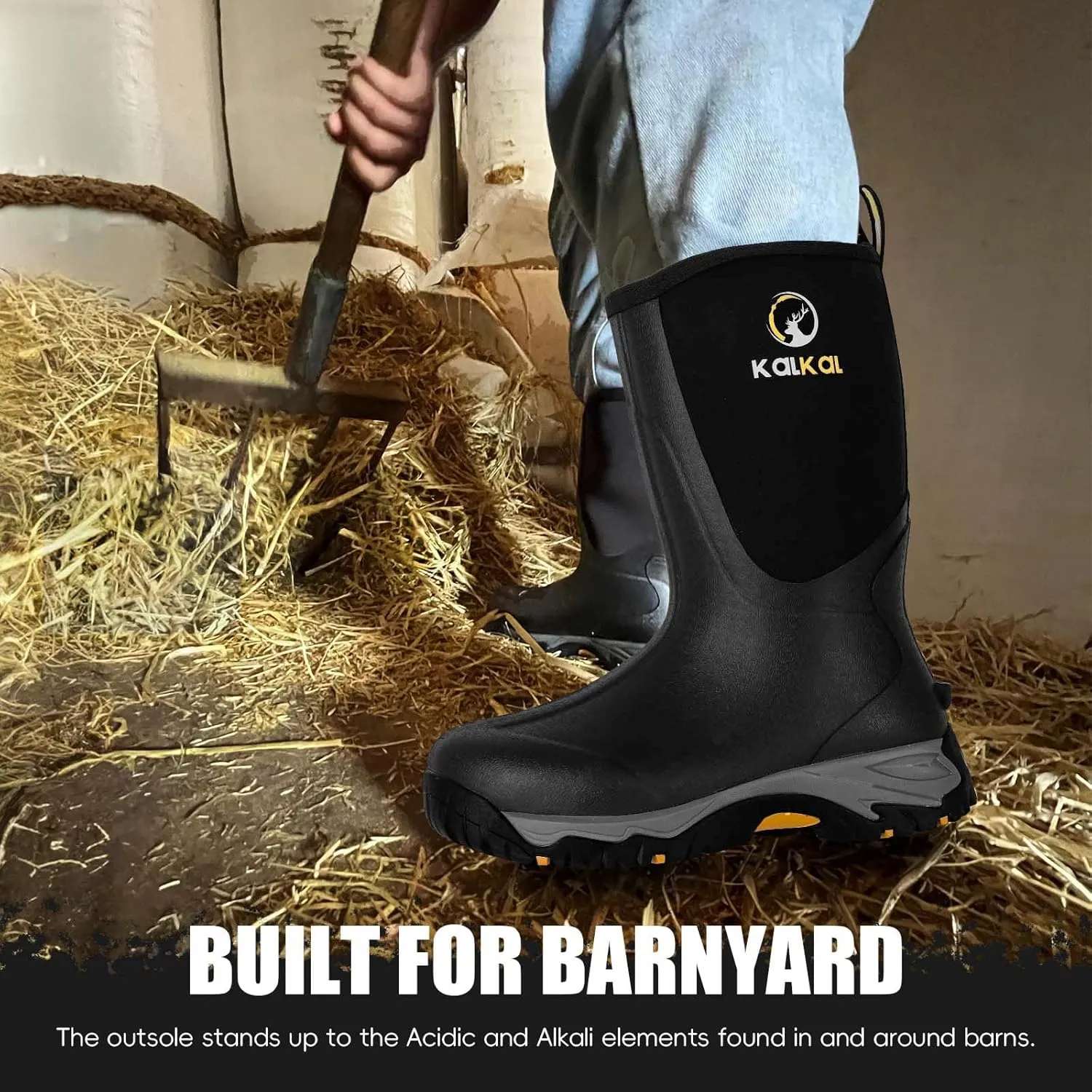 Kalkal Rubber Boots for Men, Waterproof Mid Calf Rain Boots with Comfortable Sports Outsole, 6mm Neoprene Insulated Rubber Work Boots - Garden Farm Mud Boots (Size 7-14)