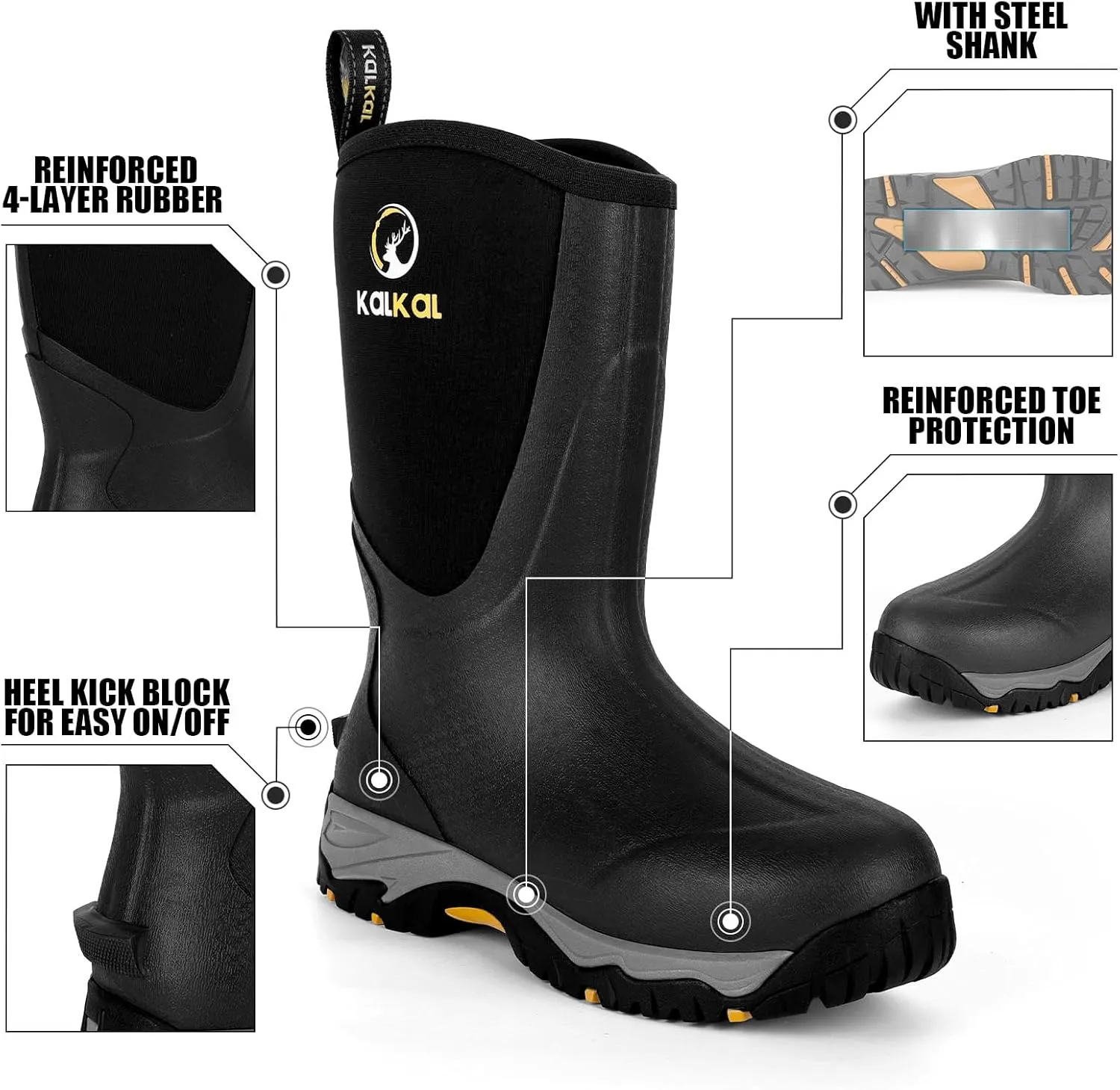 Kalkal Rubber Boots for Men, Waterproof Mid Calf Rain Boots with Comfortable Sports Outsole, 6mm Neoprene Insulated Rubber Work Boots - Garden Farm Mud Boots (Size 7-14)