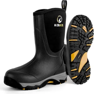 Kalkal Rubber Boots for Men, Waterproof Mid Calf Rain Boots with Comfortable Sports Outsole, 6mm Neoprene Insulated Rubber Work Boots - Garden Farm Mud Boots (Size 7-14)
