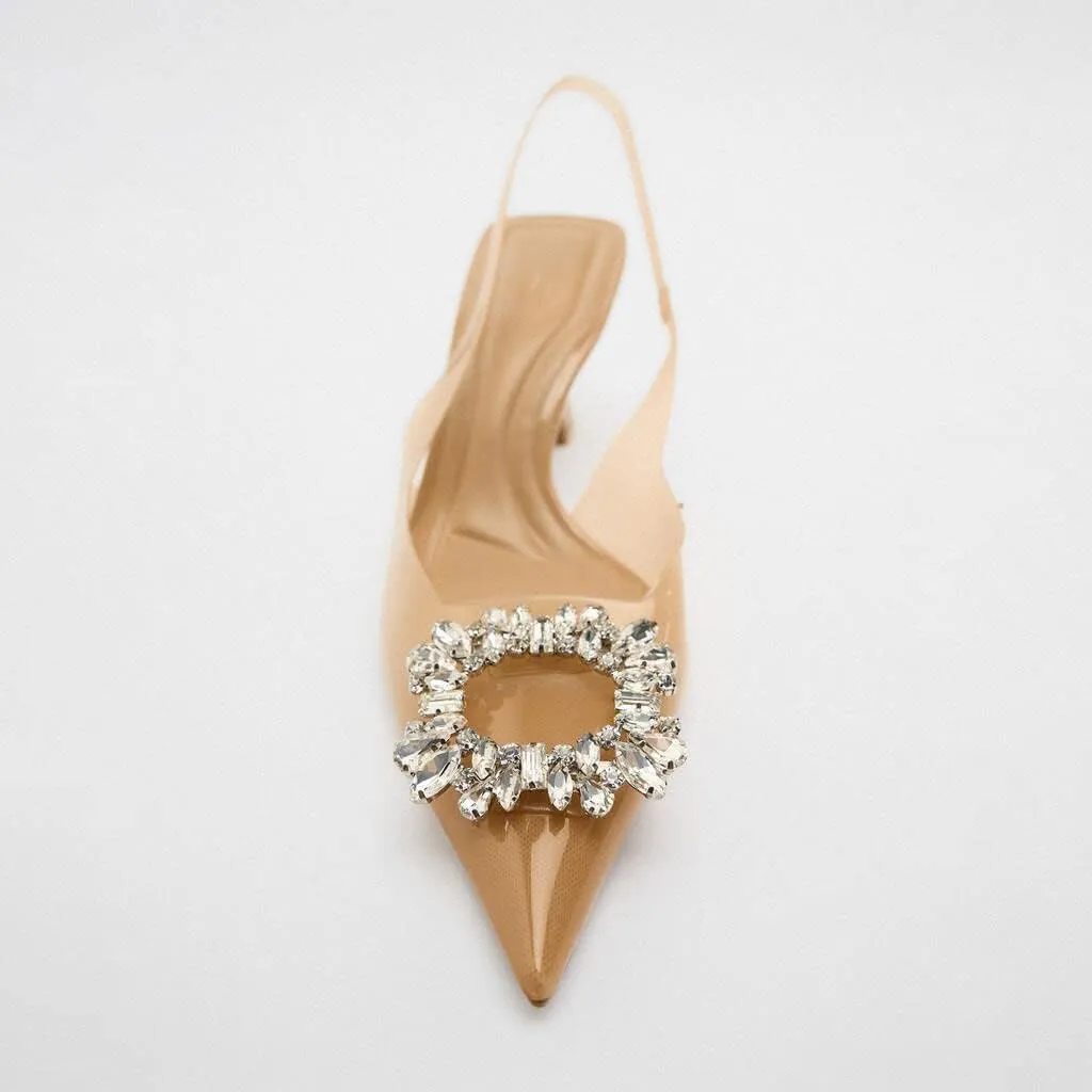 keleimusi Clear Slingback Heeled Shoes for Women Crystal Rhinestone Pointed Toe Wedding Kitten Heels