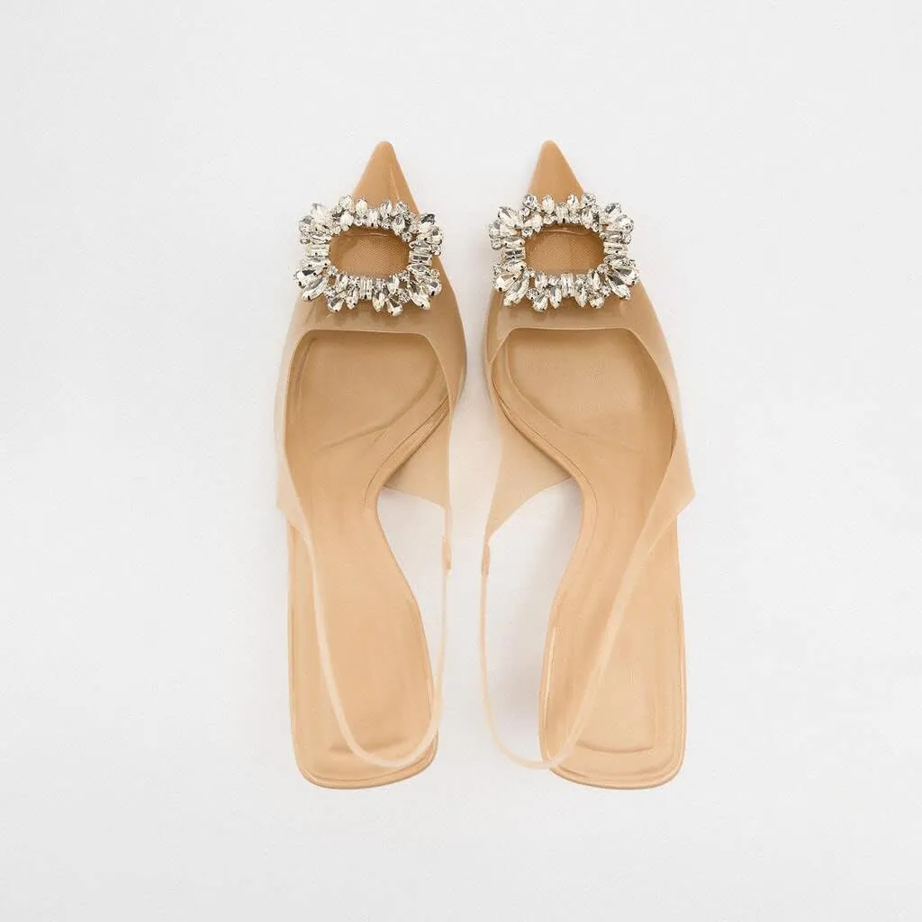 keleimusi Clear Slingback Heeled Shoes for Women Crystal Rhinestone Pointed Toe Wedding Kitten Heels