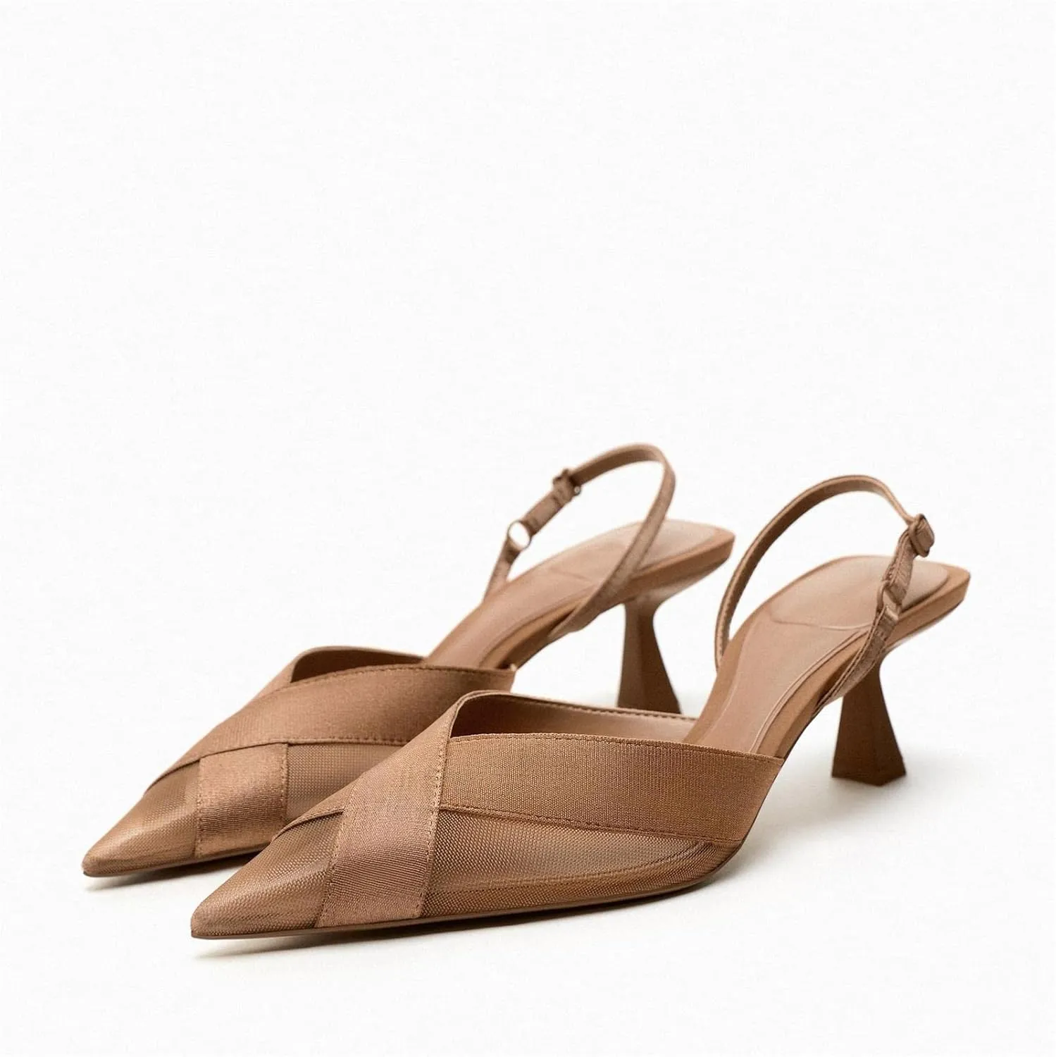 keleimusi Mesh Slingback Brown Pumps Kitten Heel Sandals Pointed Toe Dress Evening Party Wedding Heels Shoes