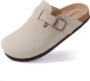 KIDMI Women's Cork Footbed Clogs Leather Mules Comfort Potato Shoes with Arch Support, Light Stone, Size 10