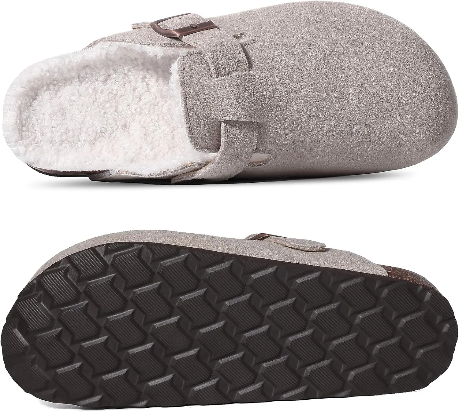 KIDMI Women's Fur Lined Suede Clogs Fuzzy Cork Footbed Mules Slip On Winter Potato Shoes