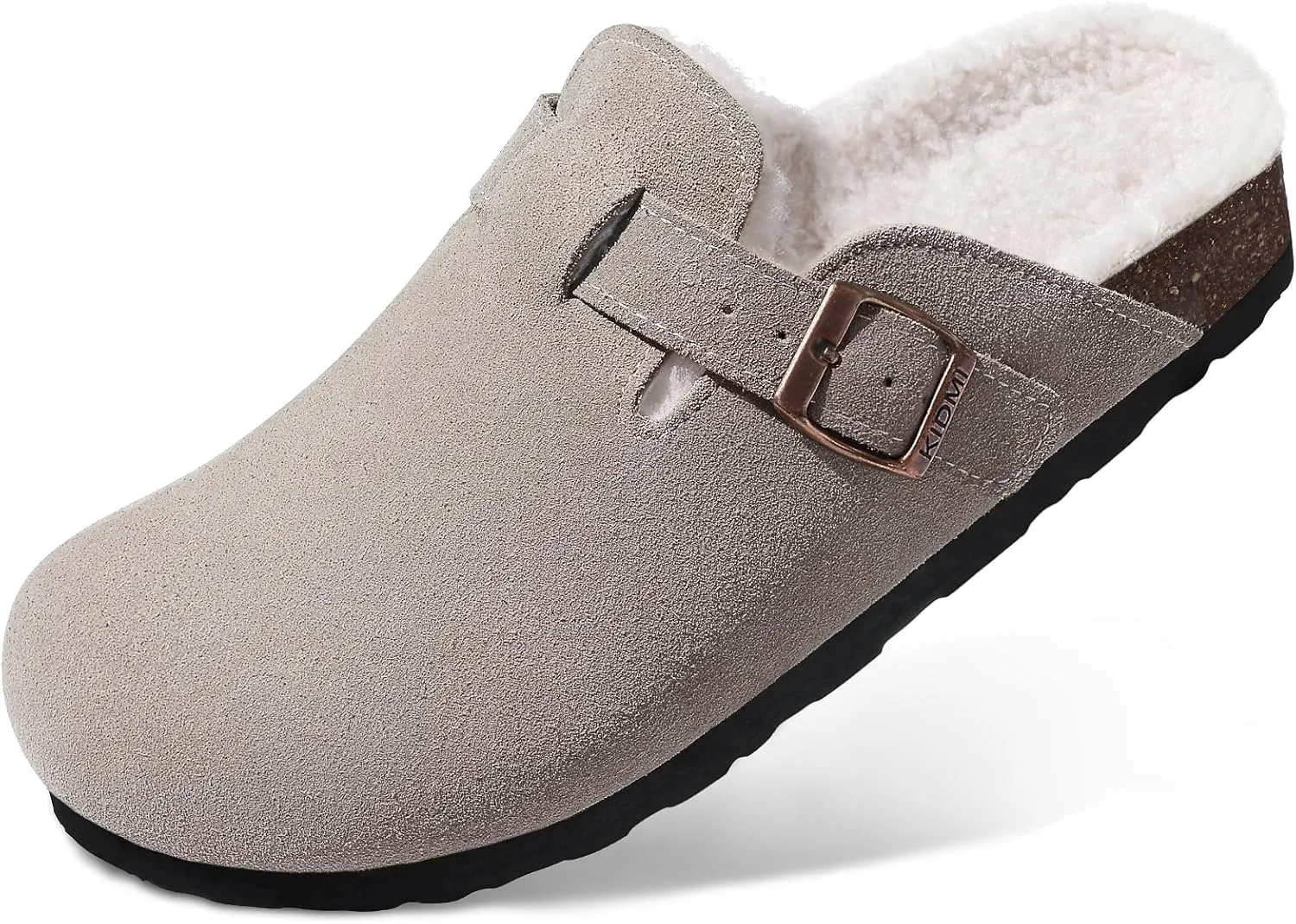 KIDMI Women's Fur Lined Suede Clogs Fuzzy Cork Footbed Mules Slip On Winter Potato Shoes
