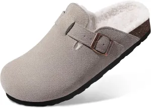 KIDMI Women's Fur Lined Suede Clogs Fuzzy Cork Footbed Mules Slip On Winter Potato Shoes