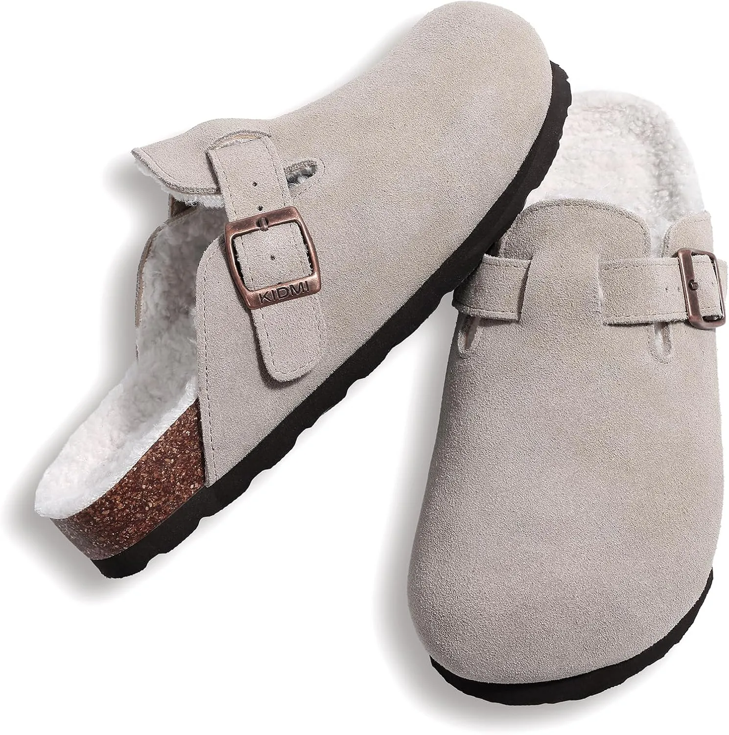KIDMI Women's Fur Lined Suede Clogs Fuzzy Cork Footbed Mules Slip On Winter Potato Shoes