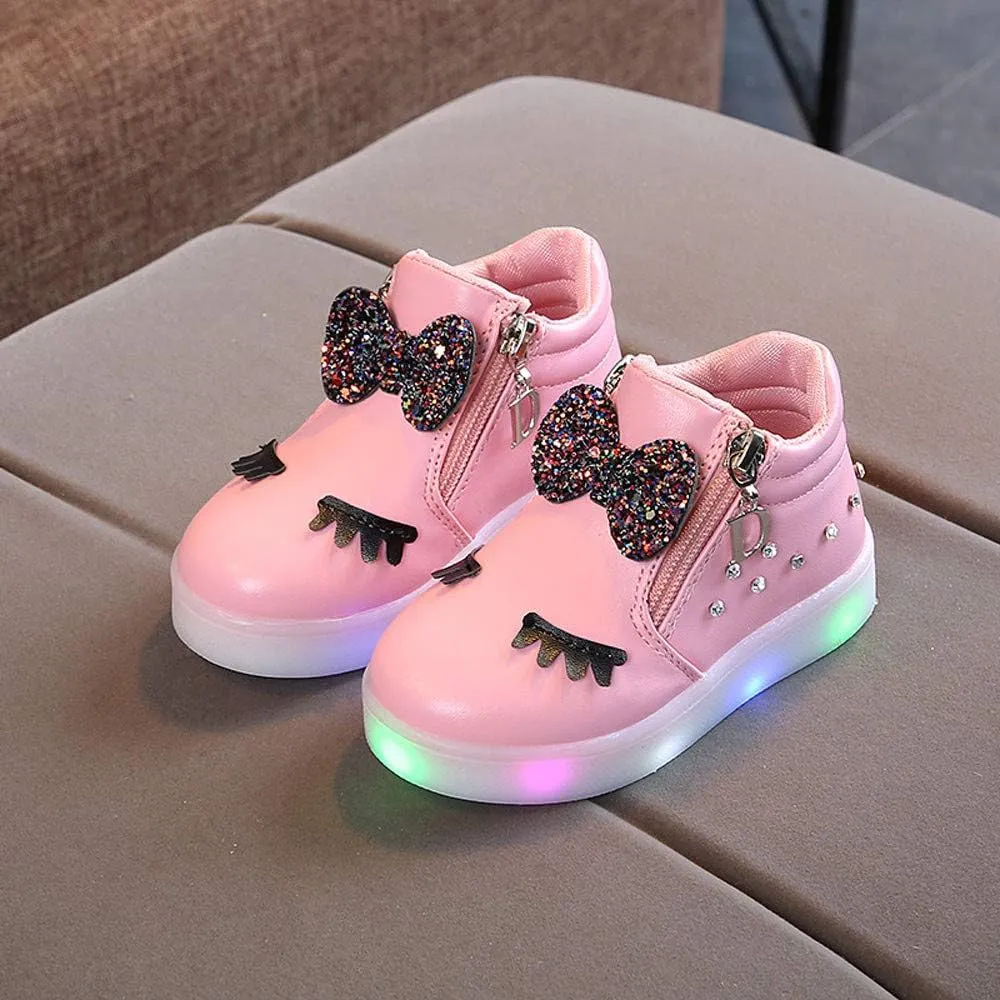 Kids Casual Sports Athletic Shoes Baby Girls Novelty LED Light Up Anti-Skid High Top Cute Sneakers