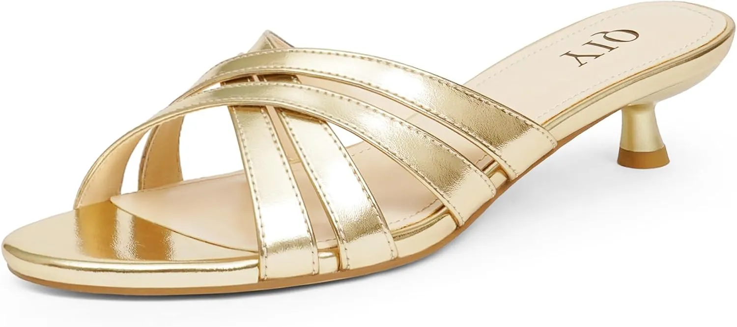 Kitten Heels for Women Strappy Low Heels Open Rounded Toe Mules Slip on Slide Sandals Comfort Dress Shoes
