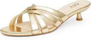 Kitten Heels for Women Strappy Low Heels Open Rounded Toe Mules Slip on Slide Sandals Comfort Dress Shoes