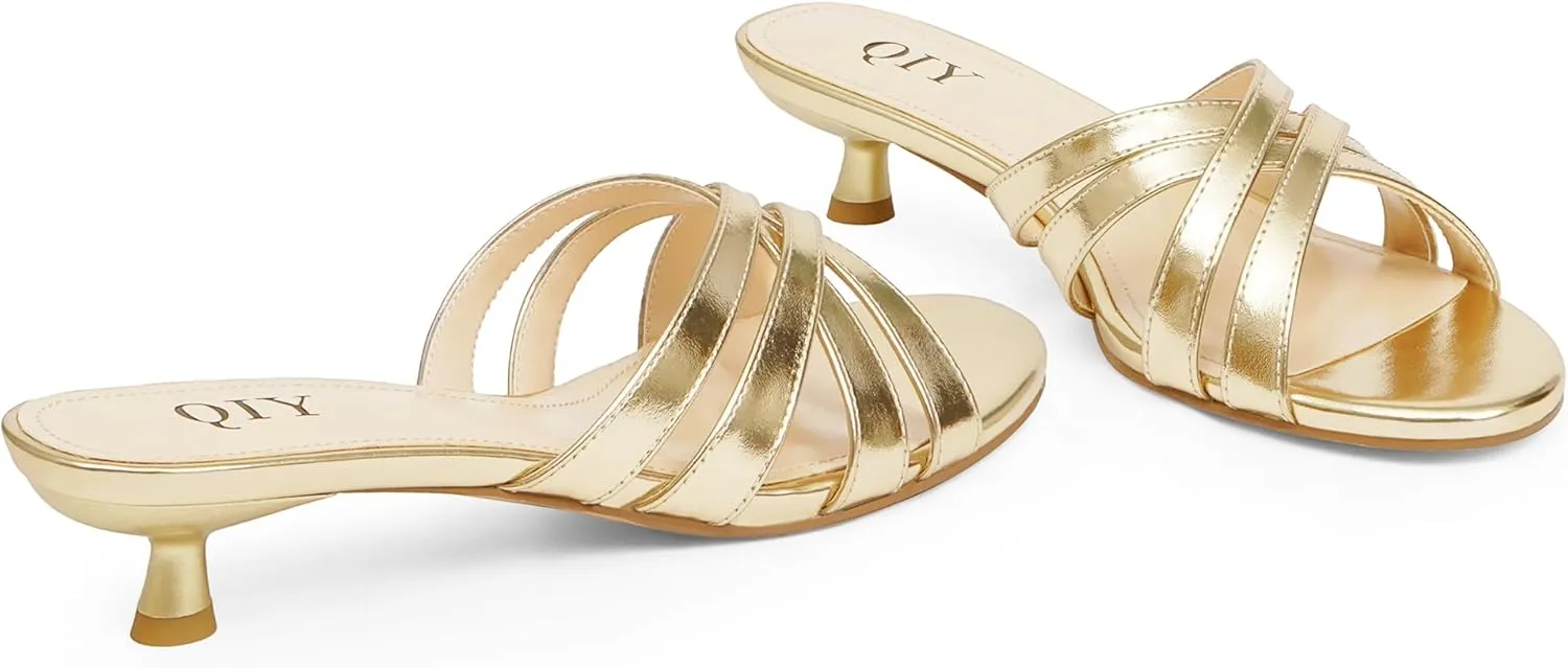 Kitten Heels for Women Strappy Low Heels Open Rounded Toe Mules Slip on Slide Sandals Comfort Dress Shoes