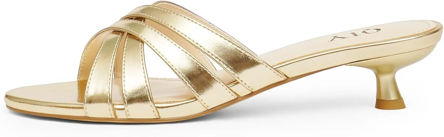Kitten Heels for Women Strappy Low Heels Open Rounded Toe Mules Slip on Slide Sandals Comfort Dress Shoes