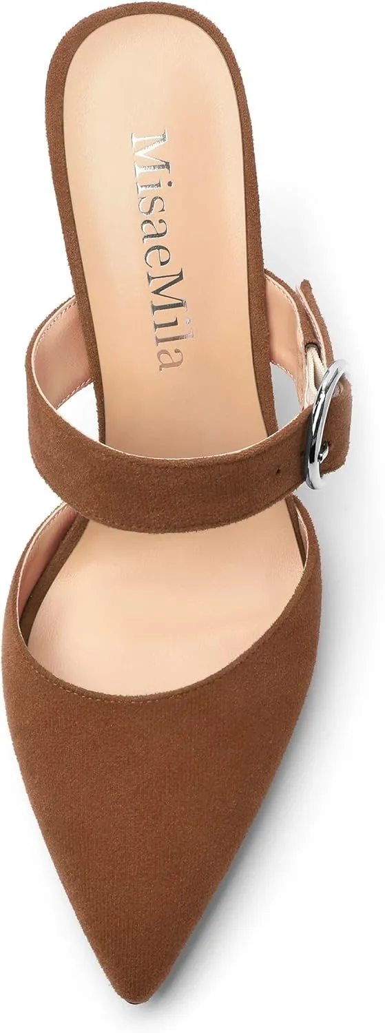Kitten Heels Mules for Women - Pointed Toe Single-Strap with Round Buckle Slip-on Sandals Womens Party Wedding Pumps Stiletto