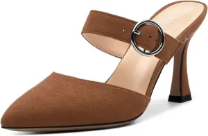 Kitten Heels Mules for Women - Pointed Toe Single-Strap with Round Buckle Slip-on Sandals Womens Party Wedding Pumps Stiletto