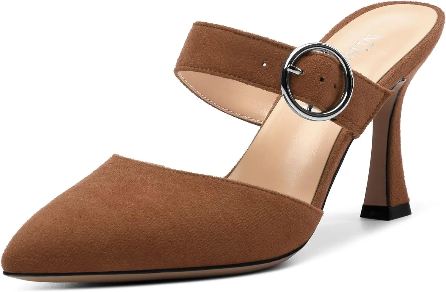 Kitten Heels Mules for Women - Pointed Toe Single-Strap with Round Buckle Slip-on Sandals Womens Party Wedding Pumps Stiletto