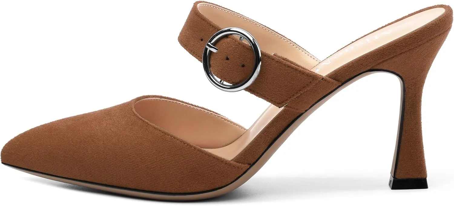 Kitten Heels Mules for Women - Pointed Toe Single-Strap with Round Buckle Slip-on Sandals Womens Party Wedding Pumps Stiletto