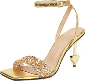 Kluolandi Women's Gold High Heels with Rhinestones Square Open Toe Ankle Strap Metallic Heels Sandals Wedding Bridal Dress Shoes