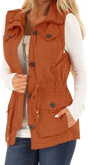Koodred Women's Casual Military Utility Vest Lightweight Sleeveless Drawstring Jackets with Pockets