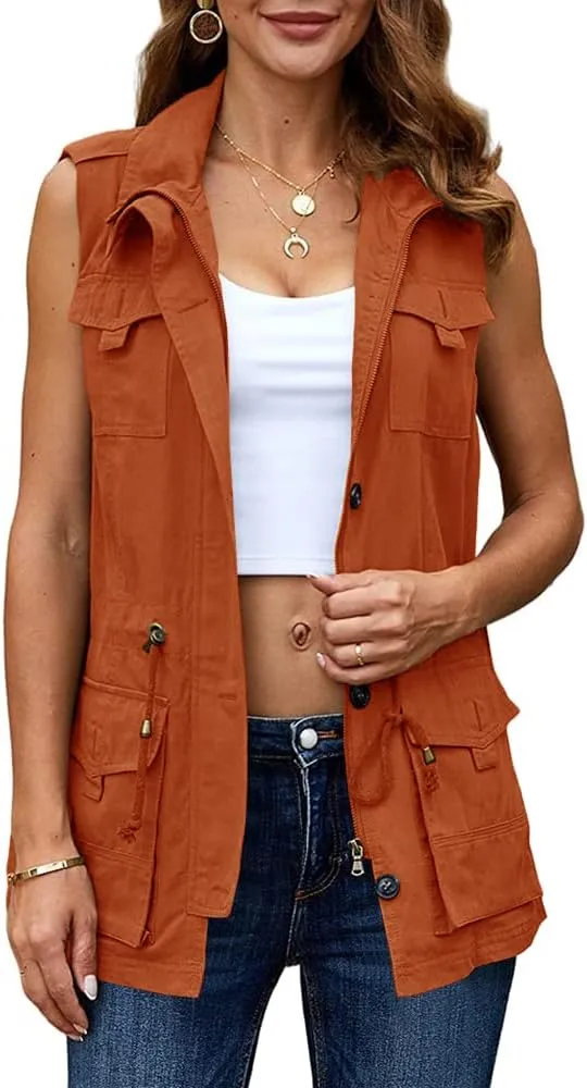 Koodred Women's Casual Military Utility Vest Lightweight Sleeveless Drawstring Jackets with Pockets