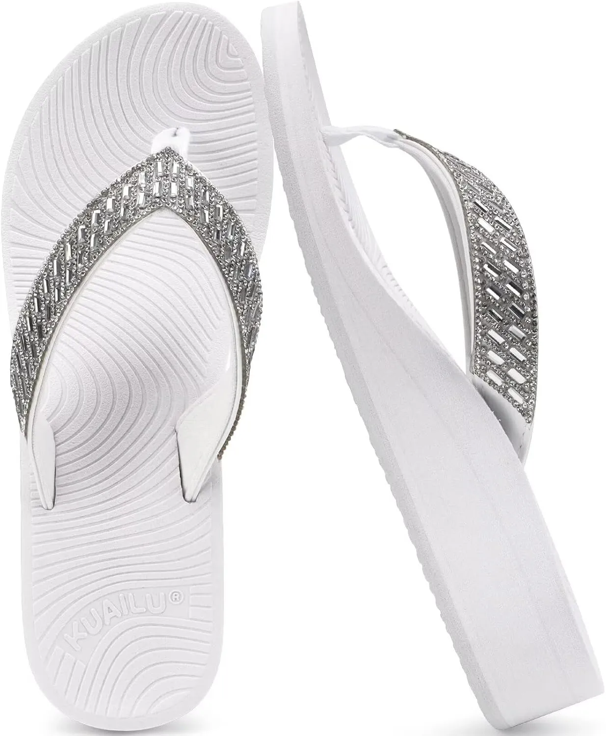 KuaiLu Womens Dressy Rhinestone Platform Flip Flops Trendy Comfortable Arch Support Cushion Walking Thong Sandals Yoga Foam Low Wedge Slippers Summer Pool Beach