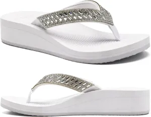 KuaiLu Womens Dressy Rhinestone Platform Flip Flops Trendy Comfortable Arch Support Cushion Walking Thong Sandals Yoga Foam Low Wedge Slippers Summer Pool Beach