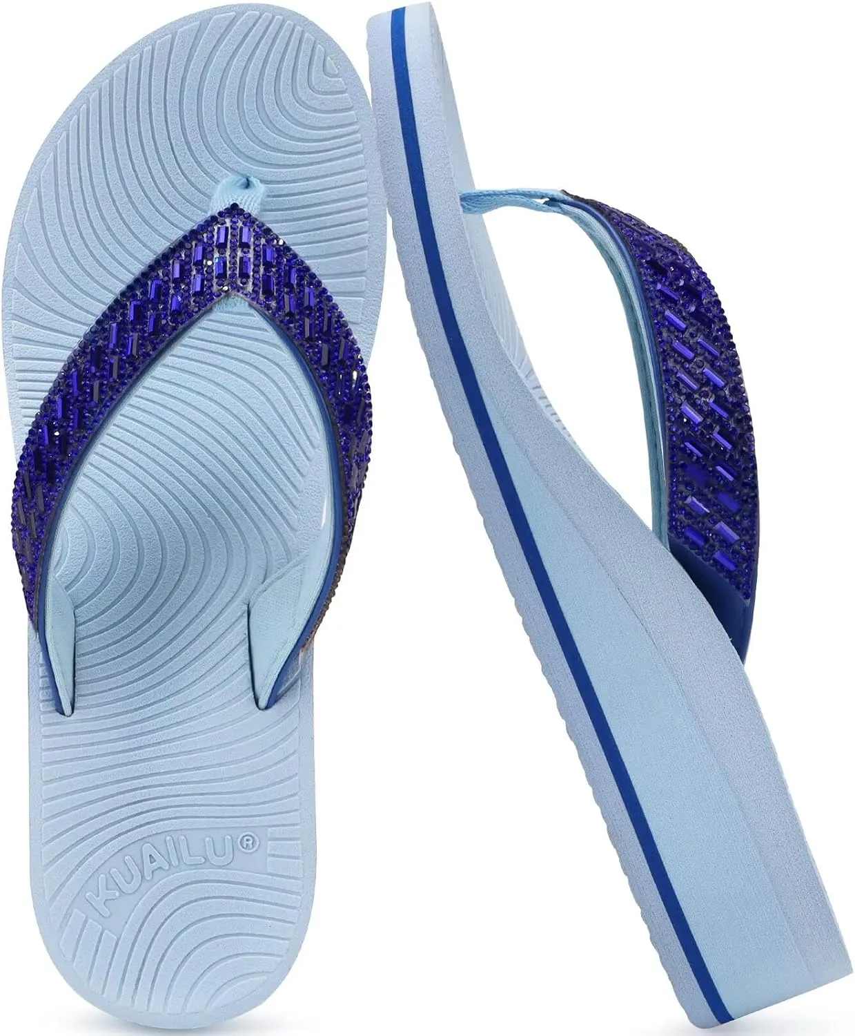 KuaiLu Womens Dressy Rhinestone Platform Flip Flops Trendy Comfortable Arch Support Cushion Walking Thong Sandals Yoga Foam Low Wedge Slippers Summer Pool Beach