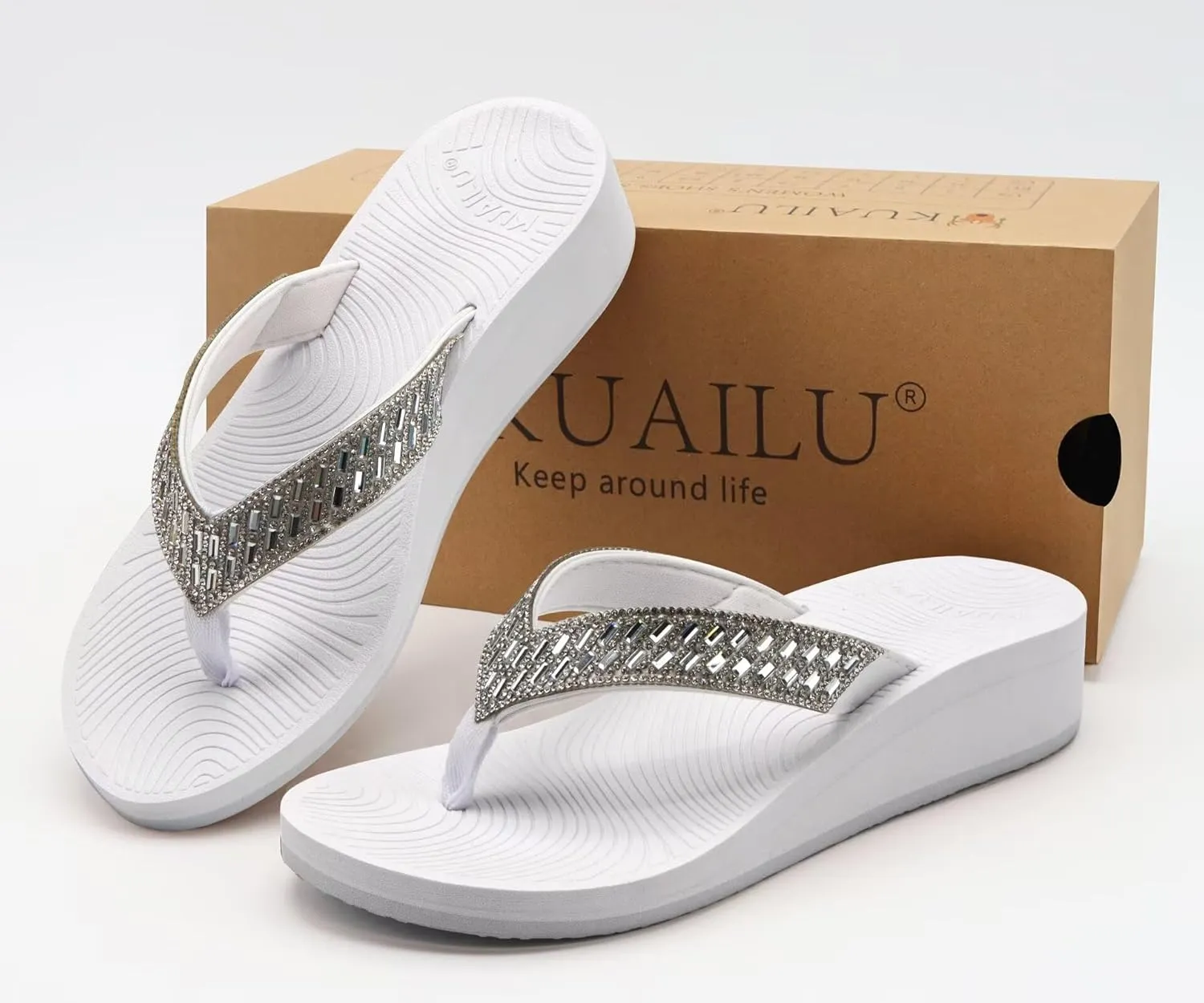 KuaiLu Womens Dressy Rhinestone Platform Flip Flops Trendy Comfortable Arch Support Cushion Walking Thong Sandals Yoga Foam Low Wedge Slippers Summer Pool Beach