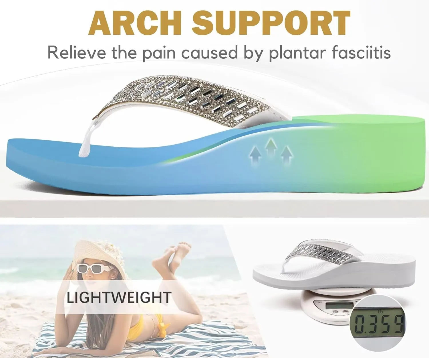 KuaiLu Womens Dressy Rhinestone Platform Flip Flops Trendy Comfortable Arch Support Cushion Walking Thong Sandals Yoga Foam Low Wedge Slippers Summer Pool Beach