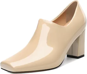 KUOARN Chunky Heels for Women Block High Heel Patent Square Toe 3 Inch Pumps Shoes Side Zipper Casual Fashion Work Party Mules