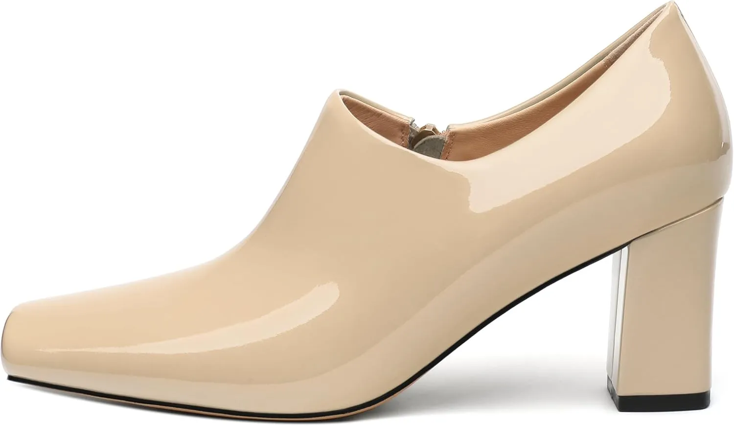 KUOARN Chunky Heels for Women Block High Heel Patent Square Toe 3 Inch Pumps Shoes Side Zipper Casual Fashion Work Party Mules
