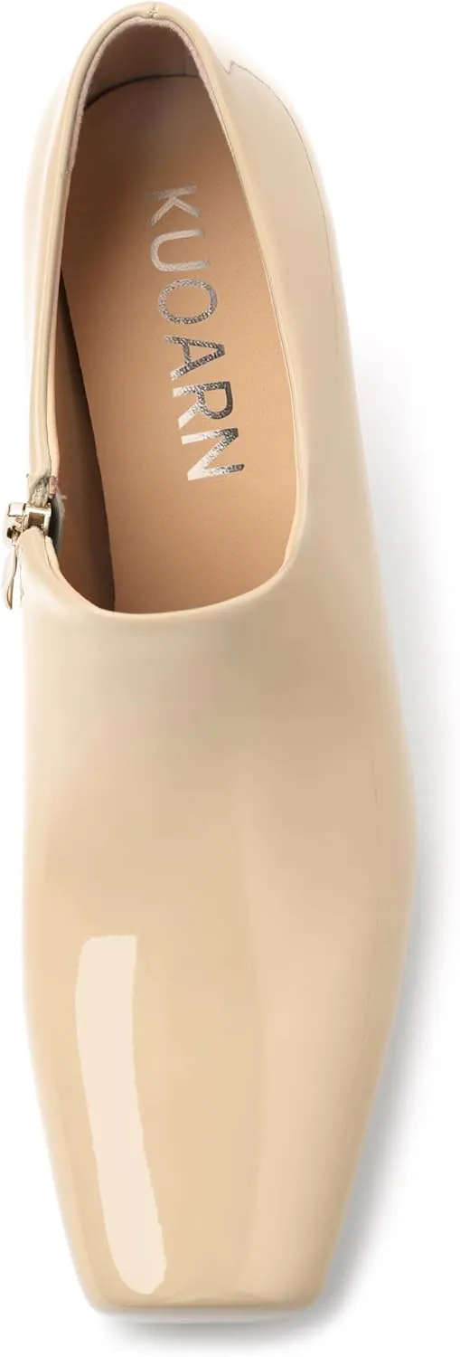 KUOARN Chunky Heels for Women Block High Heel Patent Square Toe 3 Inch Pumps Shoes Side Zipper Casual Fashion Work Party Mules