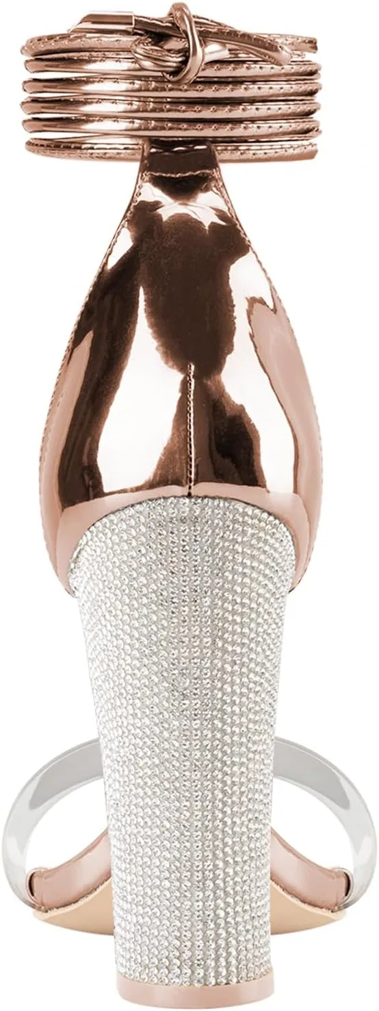 LALA IKAI Chunky Heels Sandals for Women Comfy Open Toe Strappy Rhinestone High Heeled Sandals White Silver Gold Black Ankle Clear Heels for Party Wedding