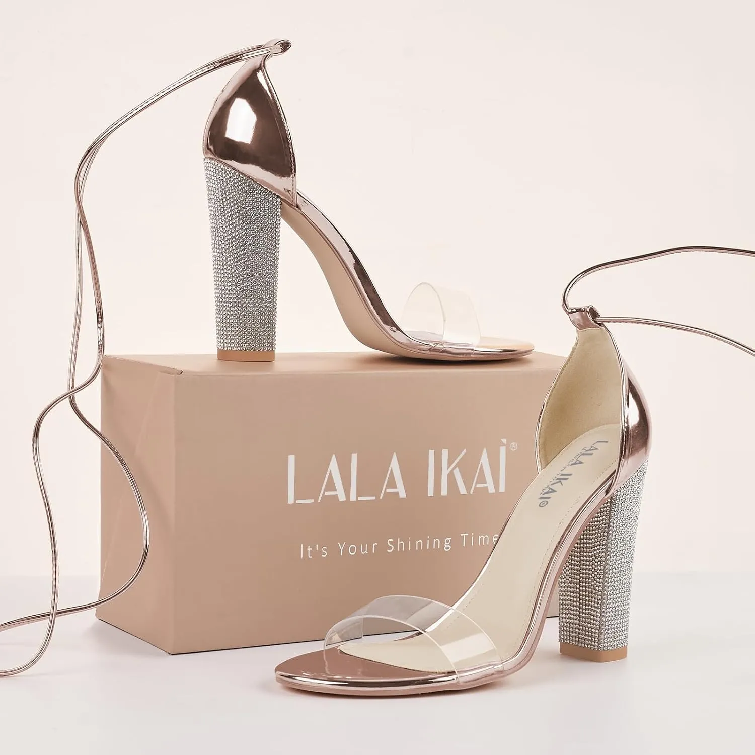 LALA IKAI Chunky Heels Sandals for Women Comfy Open Toe Strappy Rhinestone High Heeled Sandals White Silver Gold Black Ankle Clear Heels for Party Wedding