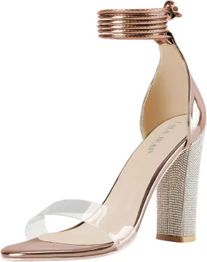 LALA IKAI Chunky Heels Sandals for Women Comfy Open Toe Strappy Rhinestone High Heeled Sandals White Silver Gold Black Ankle Clear Heels for Party Wedding