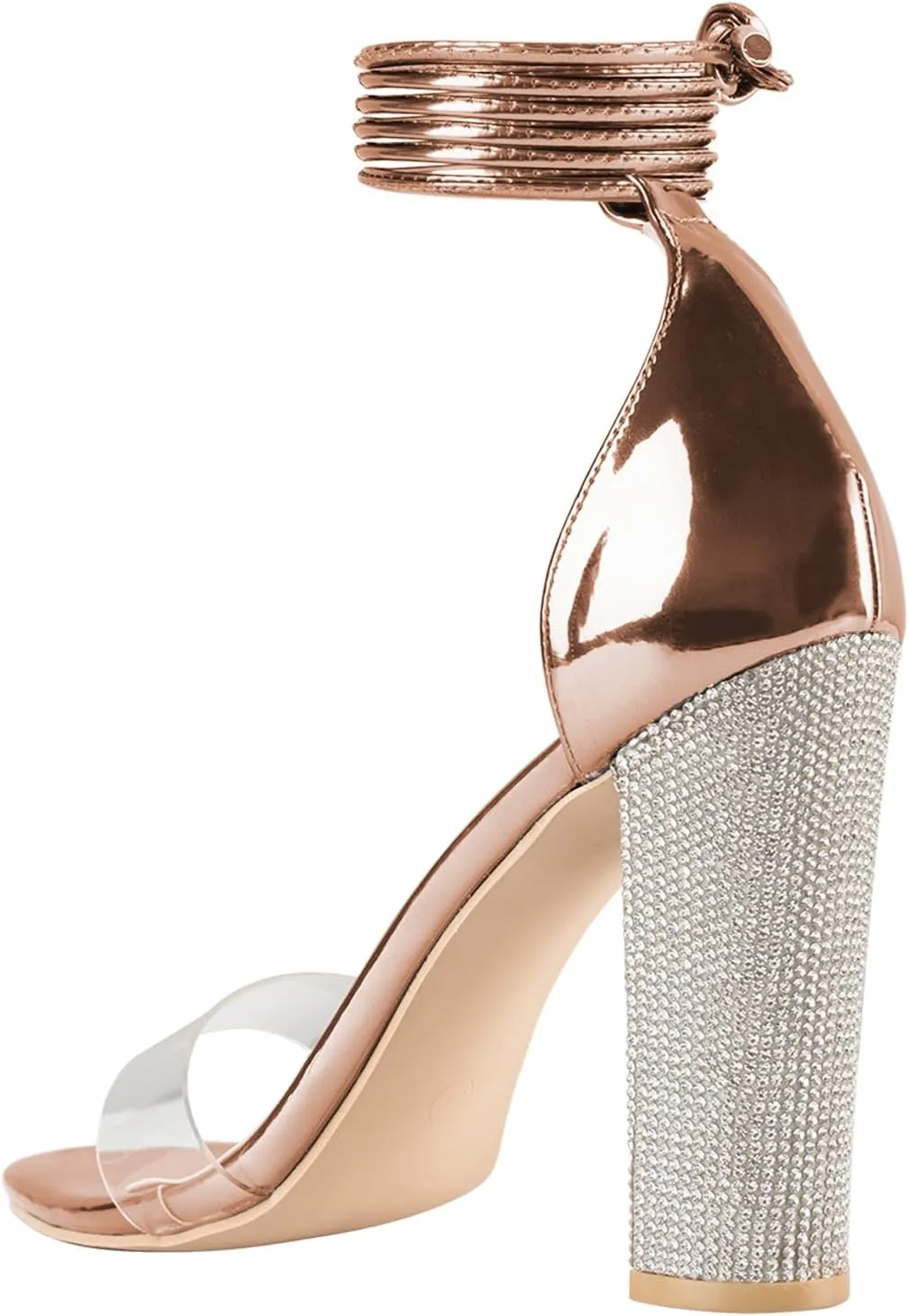 LALA IKAI Chunky Heels Sandals for Women Comfy Open Toe Strappy Rhinestone High Heeled Sandals White Silver Gold Black Ankle Clear Heels for Party Wedding