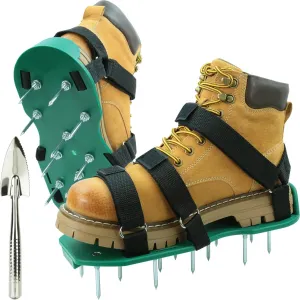Lawn Aerator Shoes with Dual Straps on Instep for Effectively Aerating Lawn Soil, Aerator Lawn Tool One Size Fits All Pre-Assembled Heavy Duty Spiked Sandals for Yard Patio Garden Grass Green