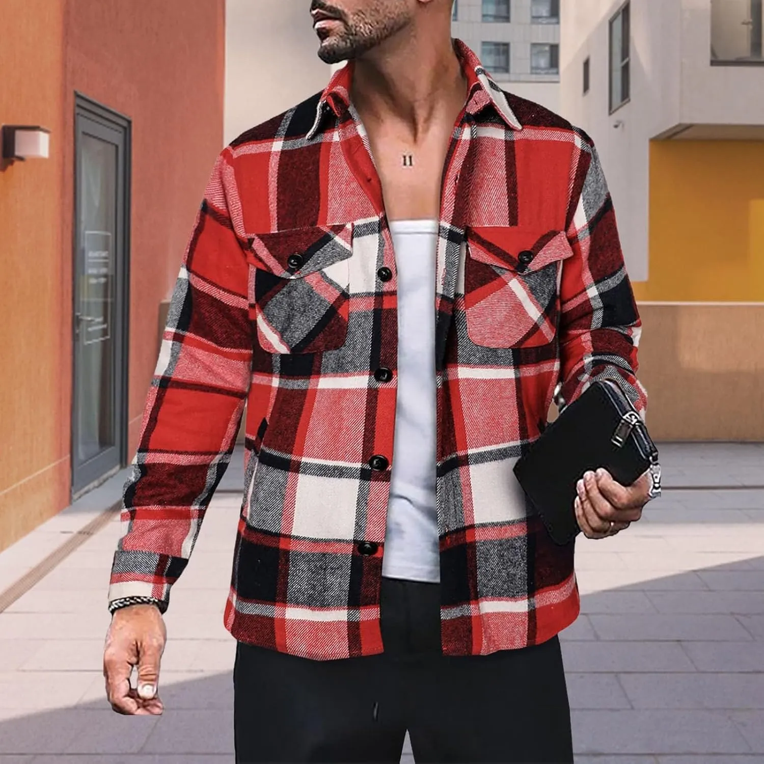 LCMTWX Winter Coat Men Plaid Fleece Pullover Sweatshirt Jacket Button Collar Warm Sweater Coat Casual Long Sleeve with Hood