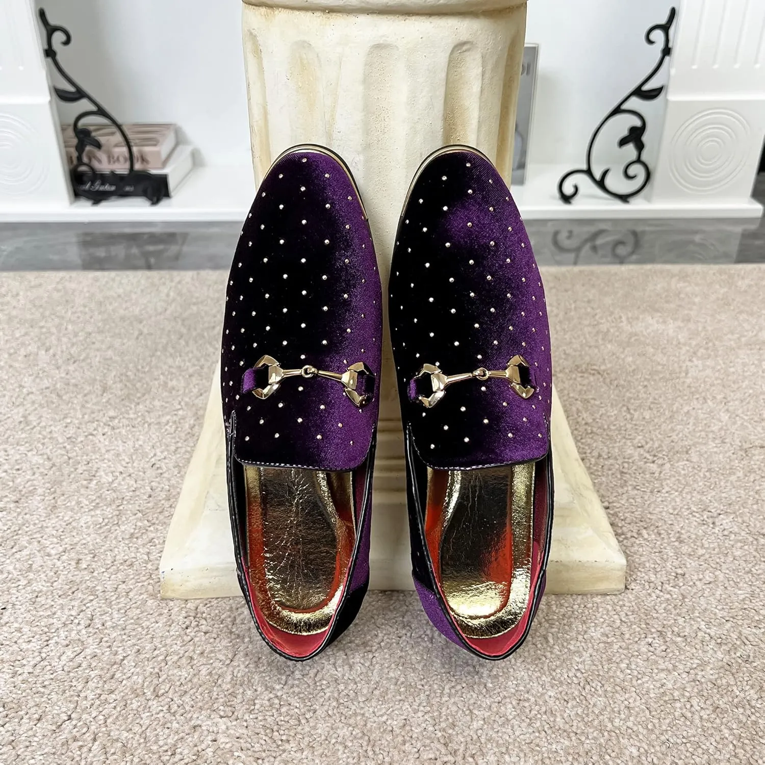 LCQL Men's Noble Suede Loafers Shoes Slip-on Dress Shoes with Gold Rivet Party Dancing Shoes Plus Size 7-12.5