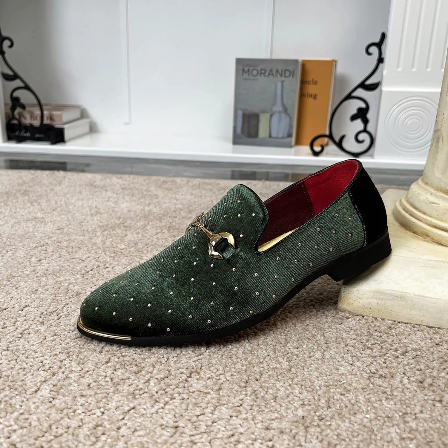 LCQL Men's Noble Suede Loafers Shoes Slip-on Dress Shoes with Gold Rivet Party Dancing Shoes Plus Size 7-12.5
