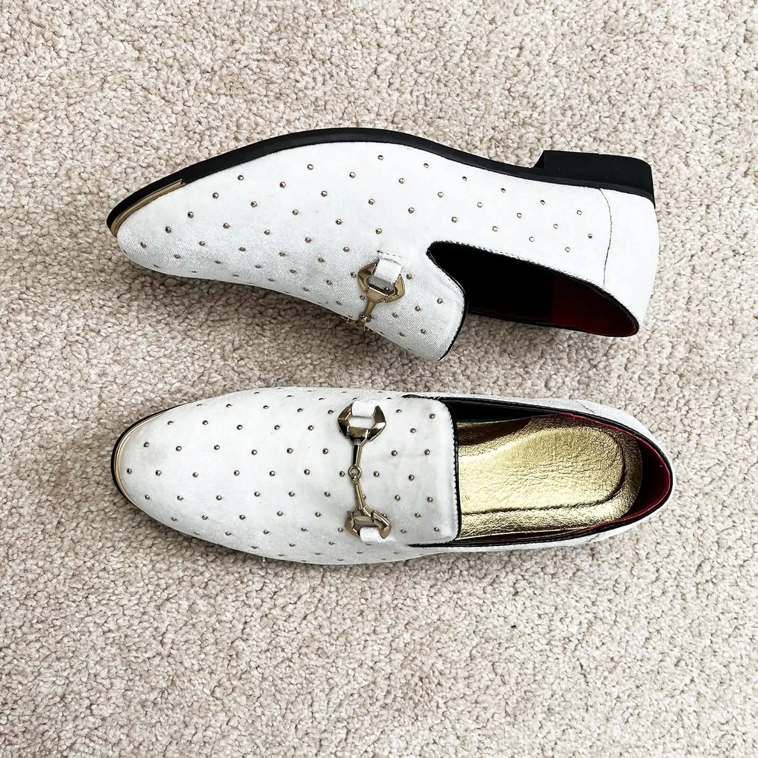 LCQL Men's Noble Suede Loafers Shoes Slip-on Dress Shoes with Gold Rivet Party Dancing Shoes Plus Size 7-12.5